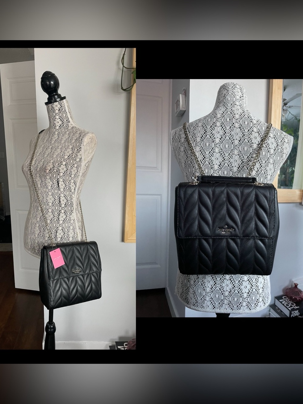 NWT Kate Spade Leather Quilted Convertible Crossbody Purse/Backpack Black/Silver